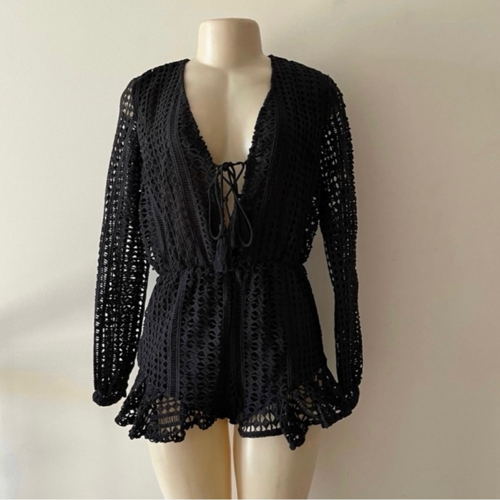 Black Crochet Lace long sleeve lace-up front Ruffle Romper